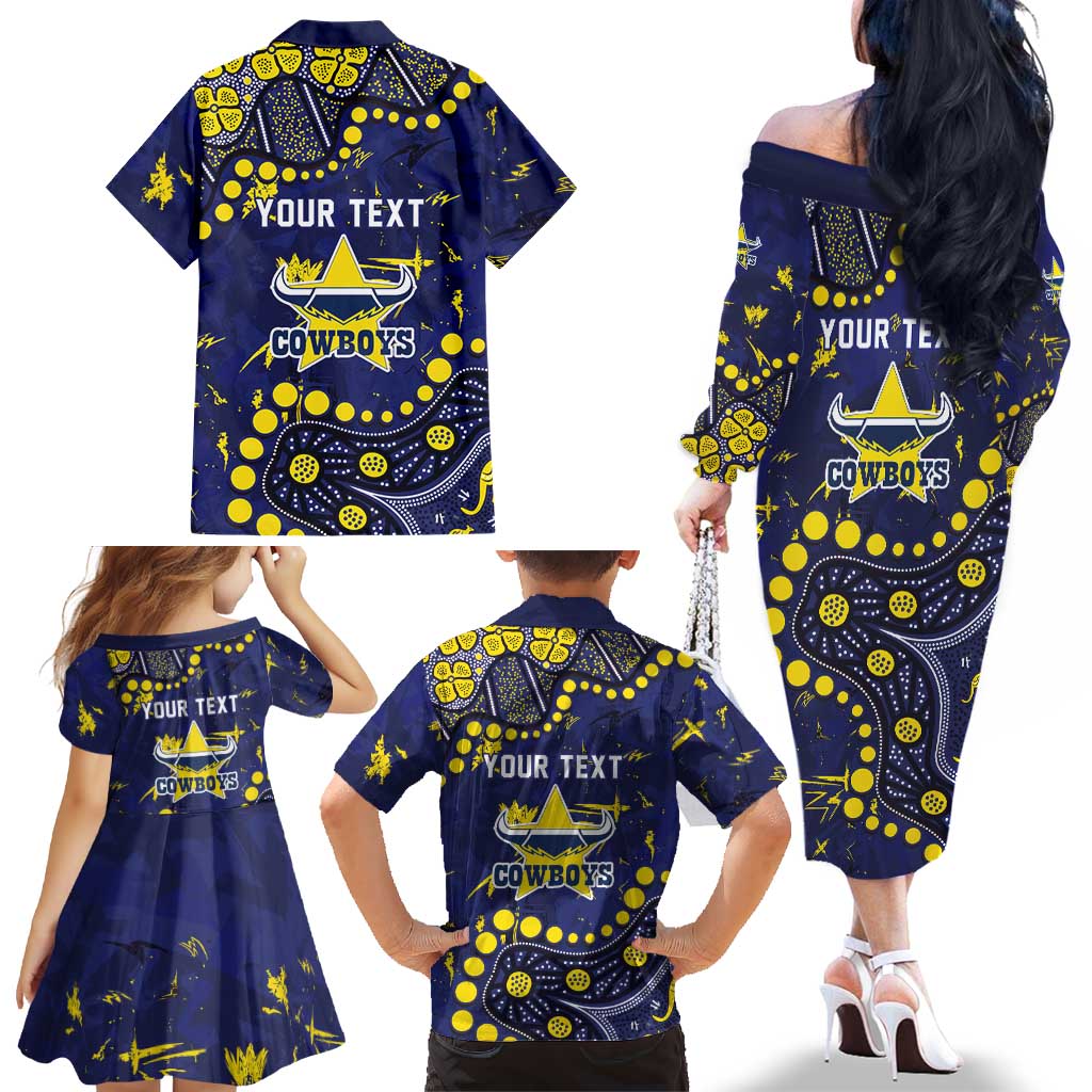 Personalized North Queensland Cowboys Family Matching Off The Shoulder Long Sleeve Dress and Hawaiian Shirt Aboriginal Pattern with Graffiti Style Design