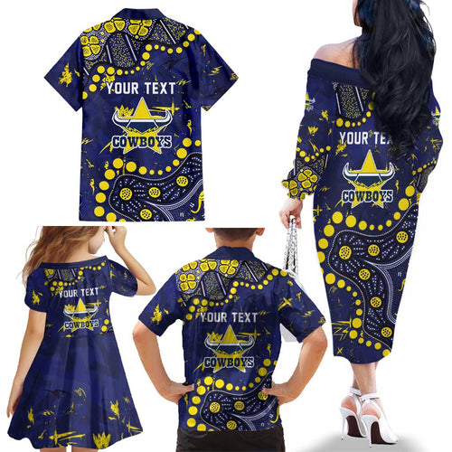 Personalized North Queensland Cowboys Family Matching Off The Shoulder Long Sleeve Dress and Hawaiian Shirt Aboriginal Pattern with Graffiti Style Design