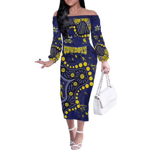 Personalized North Queensland Cowboys Family Matching Off The Shoulder Long Sleeve Dress and Hawaiian Shirt Aboriginal Pattern with Graffiti Style Design