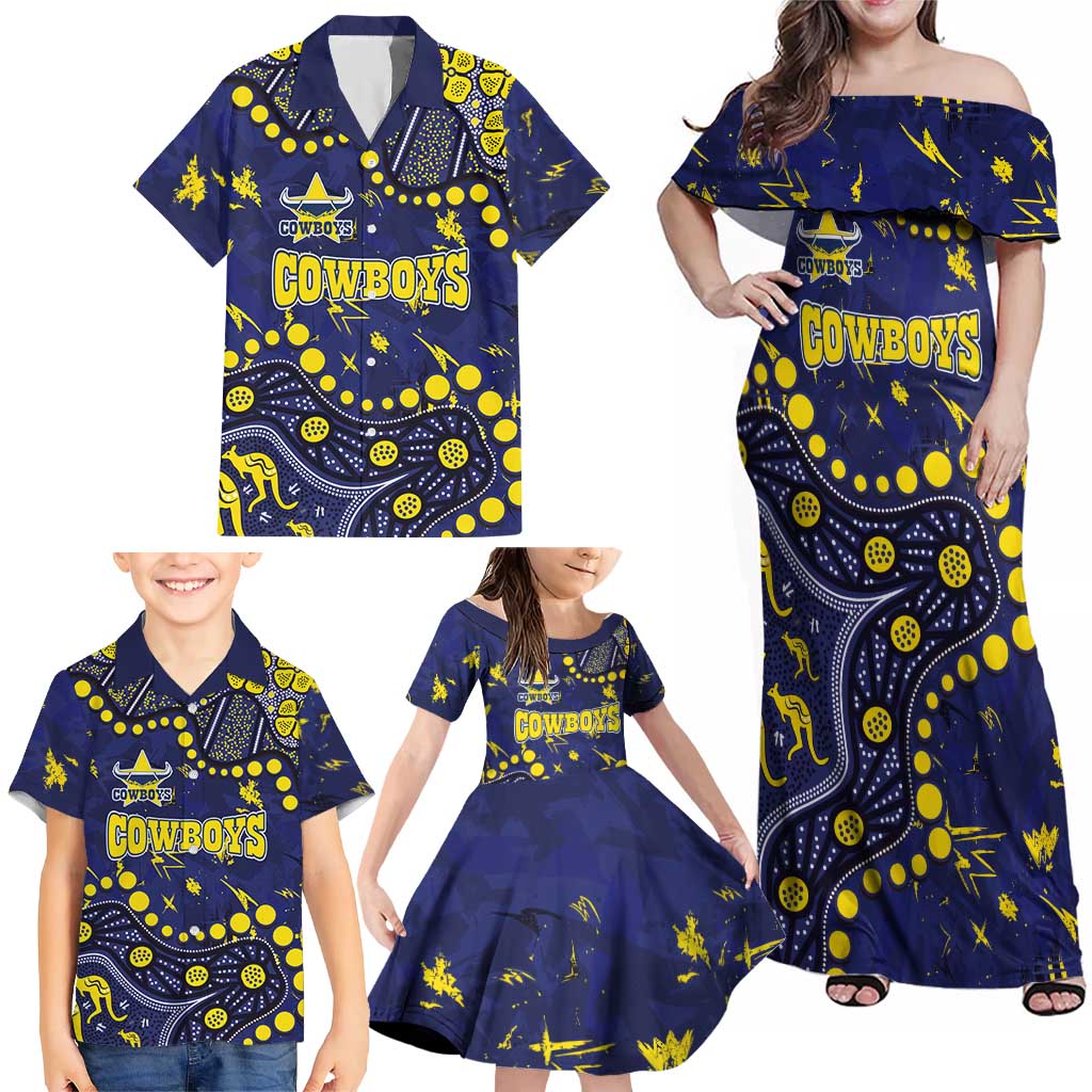Personalized North Queensland Cowboys Family Matching Off Shoulder Maxi Dress and Hawaiian Shirt Aboriginal Pattern with Graffiti Style Design