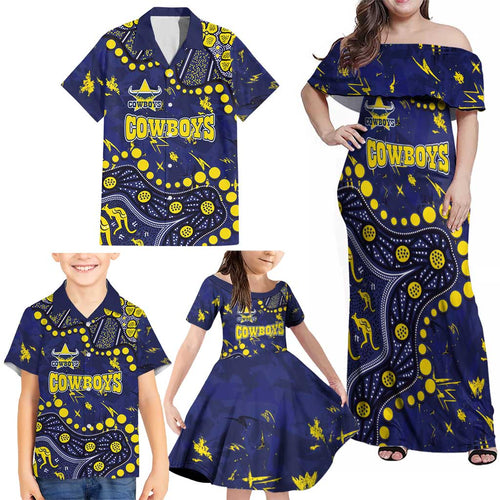 Personalized North Queensland Cowboys Family Matching Off Shoulder Maxi Dress and Hawaiian Shirt Aboriginal Pattern with Graffiti Style Design