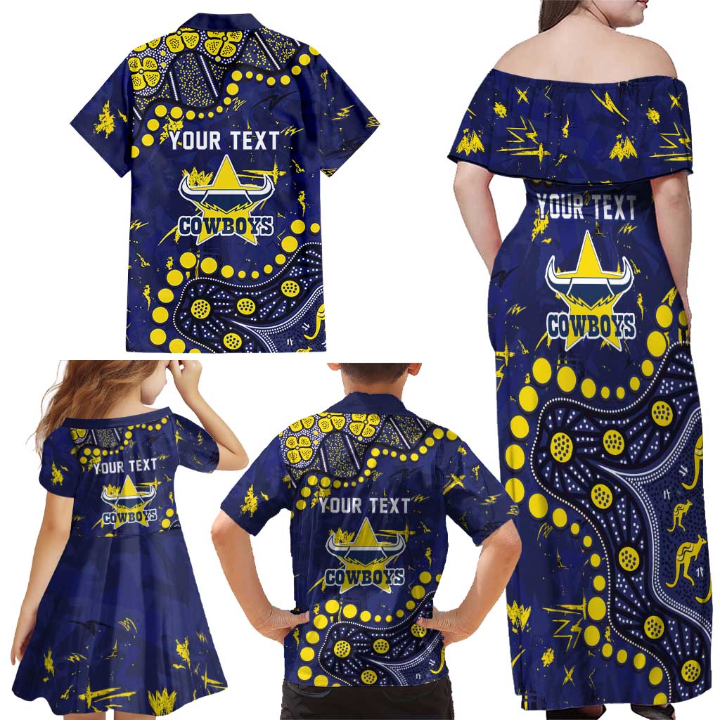 Personalized North Queensland Cowboys Family Matching Off Shoulder Maxi Dress and Hawaiian Shirt Aboriginal Pattern with Graffiti Style Design