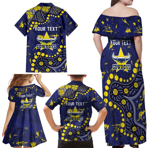Personalized North Queensland Cowboys Family Matching Off Shoulder Maxi Dress and Hawaiian Shirt Aboriginal Pattern with Graffiti Style Design