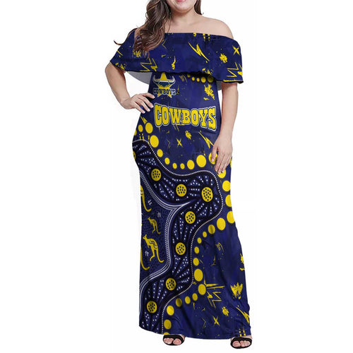 Personalized North Queensland Cowboys Family Matching Off Shoulder Maxi Dress and Hawaiian Shirt Aboriginal Pattern with Graffiti Style Design
