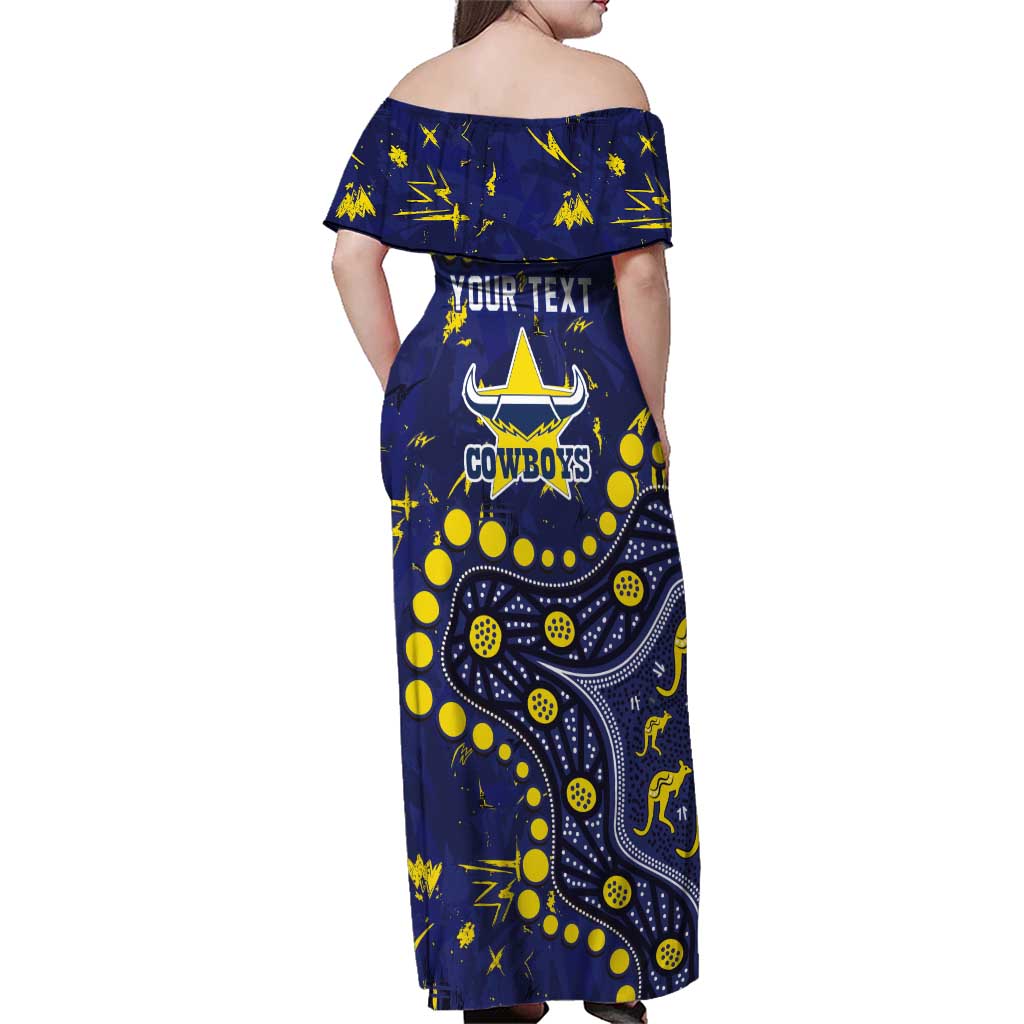 Personalized North Queensland Cowboys Family Matching Off Shoulder Maxi Dress and Hawaiian Shirt Aboriginal Pattern with Graffiti Style Design