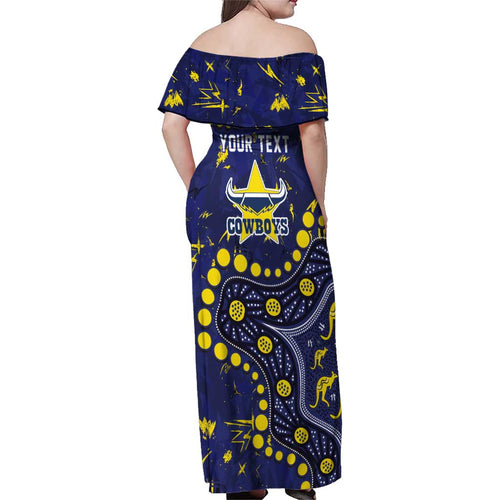 Personalized North Queensland Cowboys Family Matching Off Shoulder Maxi Dress and Hawaiian Shirt Aboriginal Pattern with Graffiti Style Design