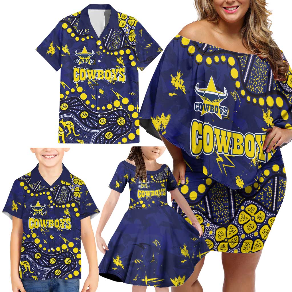 Personalized North Queensland Cowboys Family Matching Off Shoulder Short Dress and Hawaiian Shirt Aboriginal Pattern with Graffiti Style Design