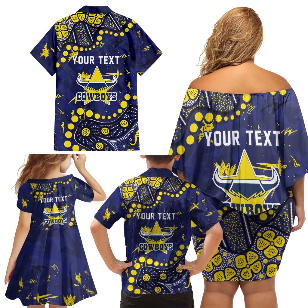 Personalized North Queensland Cowboys Family Matching Off Shoulder Short Dress and Hawaiian Shirt Aboriginal Pattern with Graffiti Style Design
