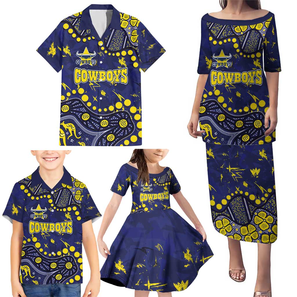 Personalized North Queensland Cowboys Family Matching Puletasi and Hawaiian Shirt Aboriginal Pattern with Graffiti Style Design