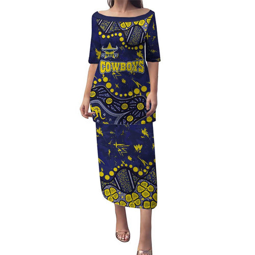 Personalized North Queensland Cowboys Family Matching Puletasi and Hawaiian Shirt Aboriginal Pattern with Graffiti Style Design