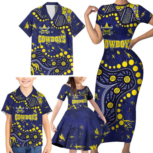 Personalized North Queensland Cowboys Family Matching Short Sleeve Bodycon Dress and Hawaiian Shirt Aboriginal Pattern with Graffiti Style Design