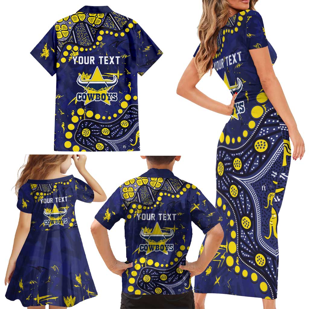 Personalized North Queensland Cowboys Family Matching Short Sleeve Bodycon Dress and Hawaiian Shirt Aboriginal Pattern with Graffiti Style Design
