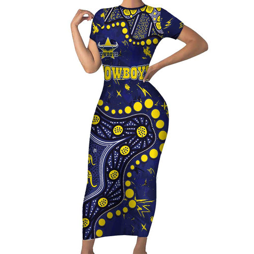 Personalized North Queensland Cowboys Family Matching Short Sleeve Bodycon Dress and Hawaiian Shirt Aboriginal Pattern with Graffiti Style Design