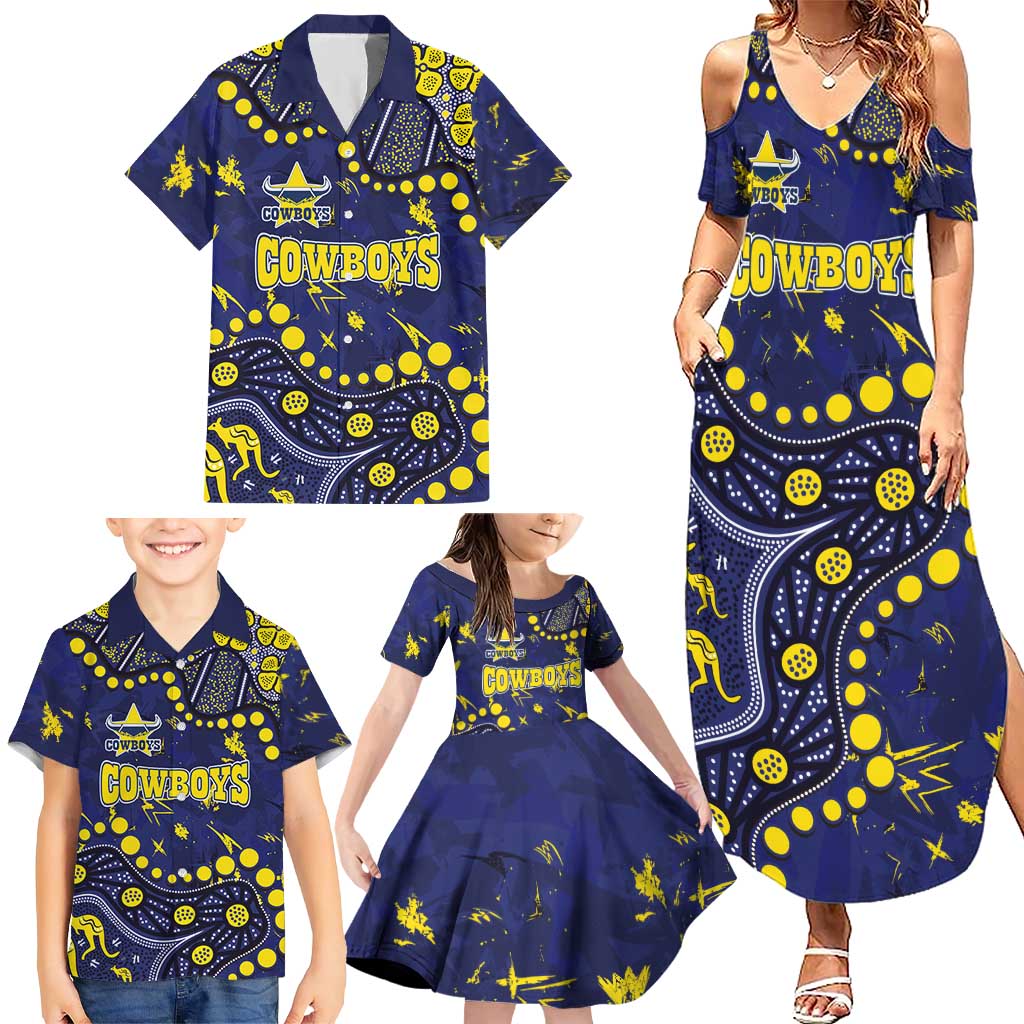 Personalized North Queensland Cowboys Family Matching Summer Maxi Dress and Hawaiian Shirt Aboriginal Pattern with Graffiti Style Design
