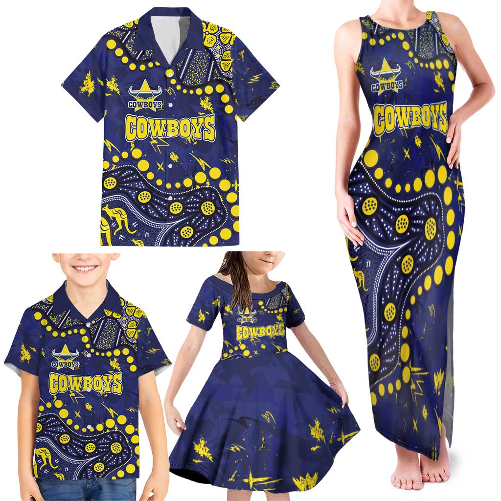 Personalized North Queensland Cowboys Family Matching Tank Maxi Dress and Hawaiian Shirt Aboriginal Pattern with Graffiti Style Design