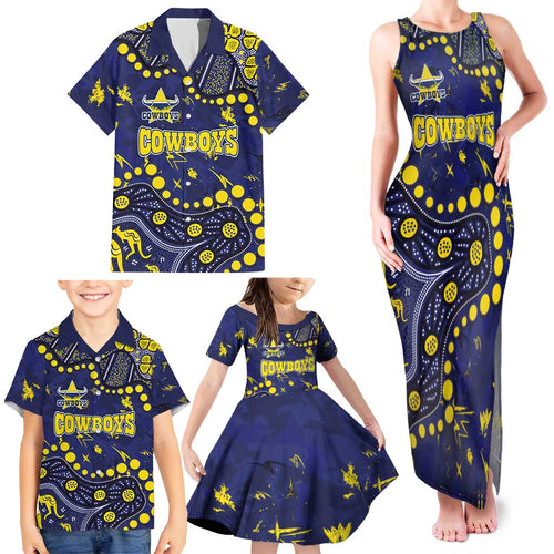 Personalized North Queensland Cowboys Family Matching Tank Maxi Dress and Hawaiian Shirt Aboriginal Pattern with Graffiti Style Design