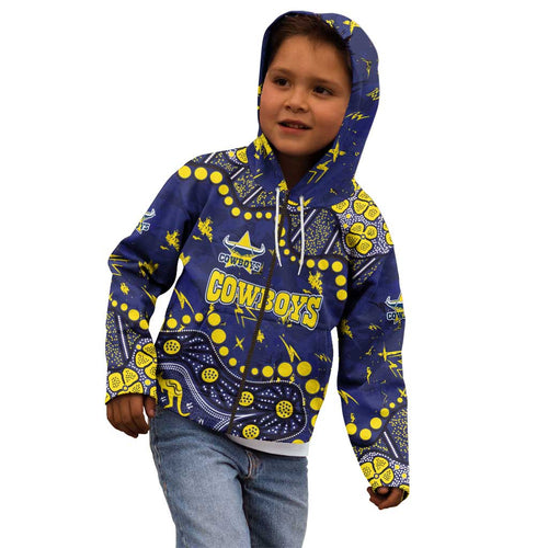 Personalized North Queensland Cowboys Kid Hoodie Aboriginal Pattern with Graffiti Style Design