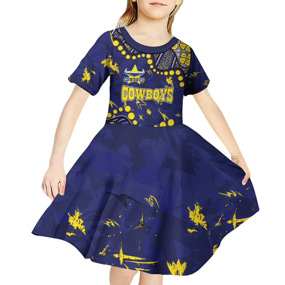 Personalized North Queensland Cowboys Kid Short Sleeve Dress Aboriginal Pattern with Graffiti Style Design