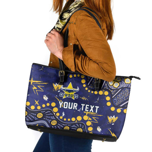 Personalized North Queensland Cowboys Leather Tote Bag Aboriginal Pattern with Graffiti Style Design