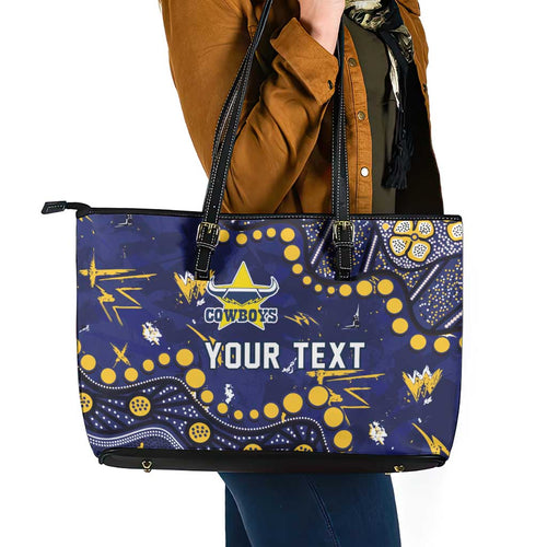 Personalized North Queensland Cowboys Leather Tote Bag Aboriginal Pattern with Graffiti Style Design