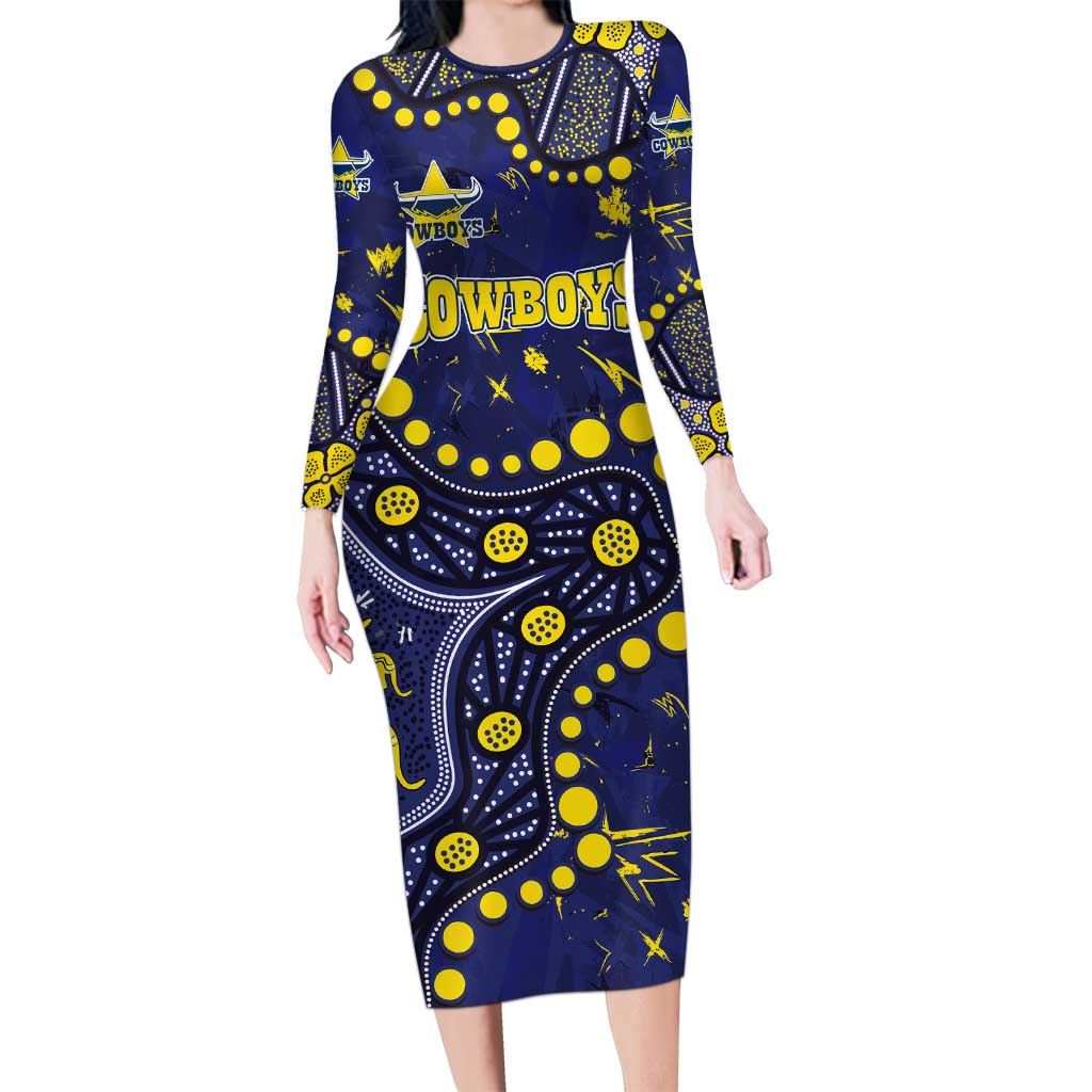 Personalized North Queensland Cowboys Long Sleeve Bodycon Dress Aboriginal Pattern with Graffiti Style Design