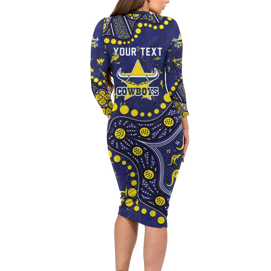 Personalized North Queensland Cowboys Long Sleeve Bodycon Dress Aboriginal Pattern with Graffiti Style Design