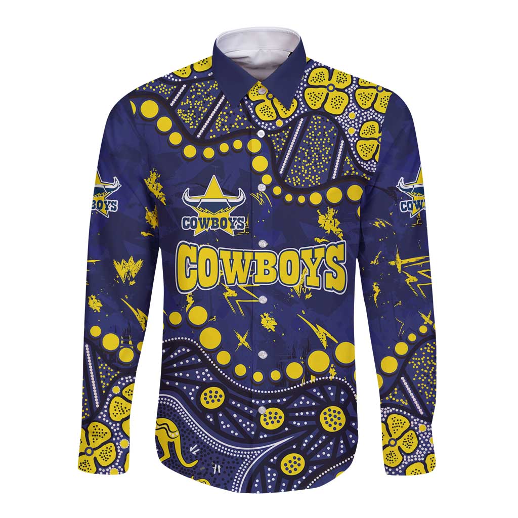 Personalized North Queensland Cowboys Long Sleeve Button Shirt Aboriginal Pattern with Graffiti Style Design