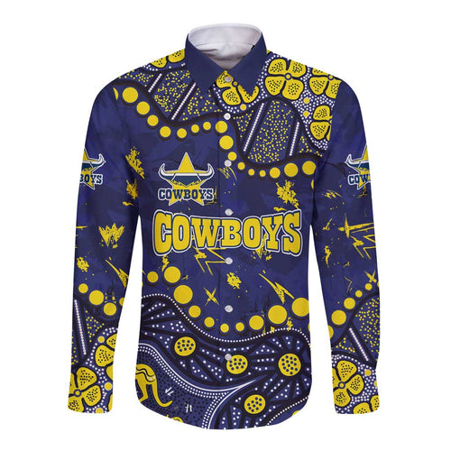 Personalized North Queensland Cowboys Long Sleeve Button Shirt Aboriginal Pattern with Graffiti Style Design