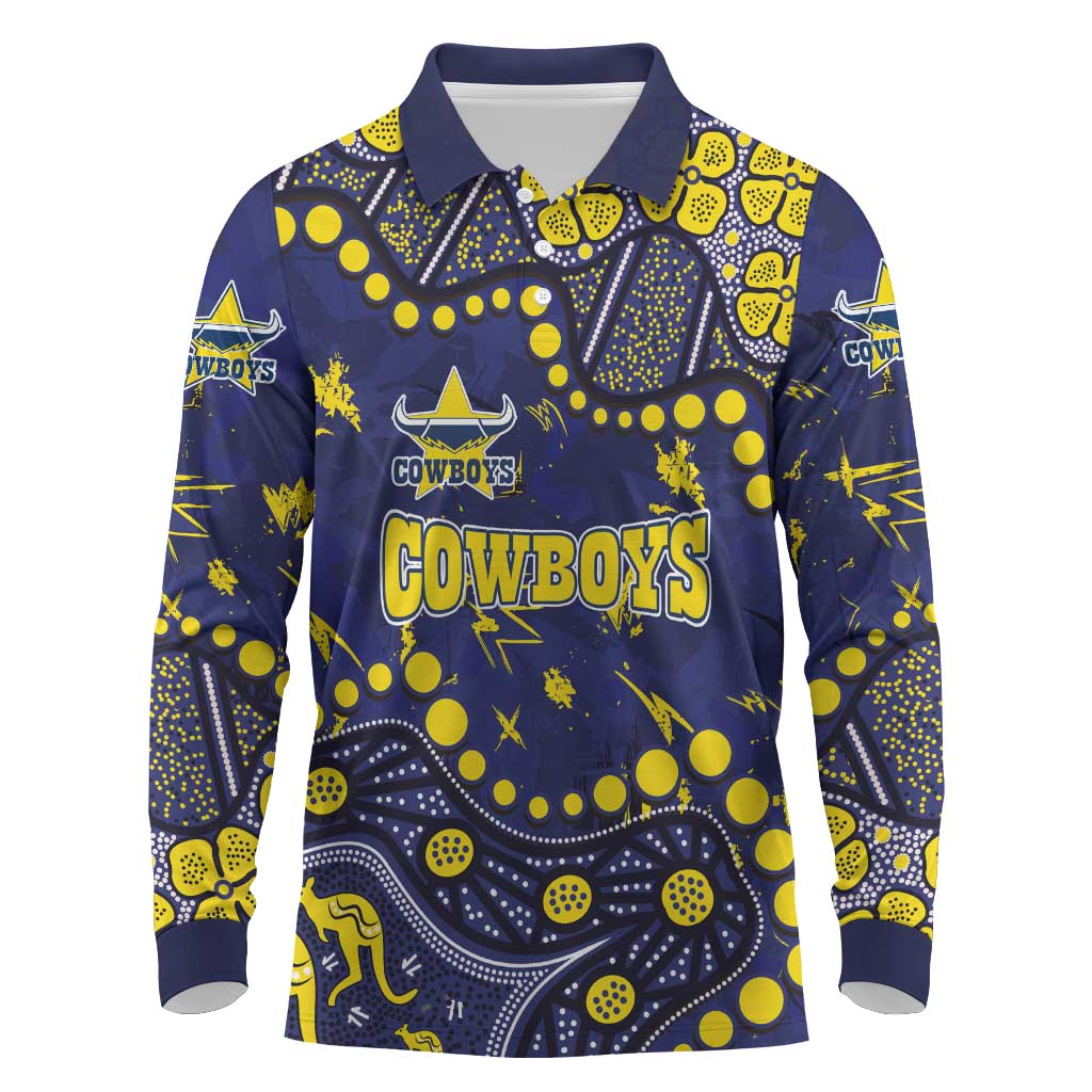 Personalized North Queensland Cowboys Long Sleeve Polo Shirt Aboriginal Pattern with Graffiti Style Design