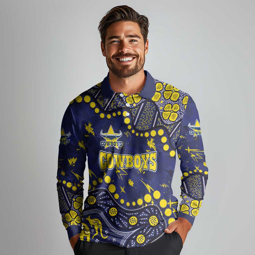 Personalized North Queensland Cowboys Long Sleeve Polo Shirt Aboriginal Pattern with Graffiti Style Design