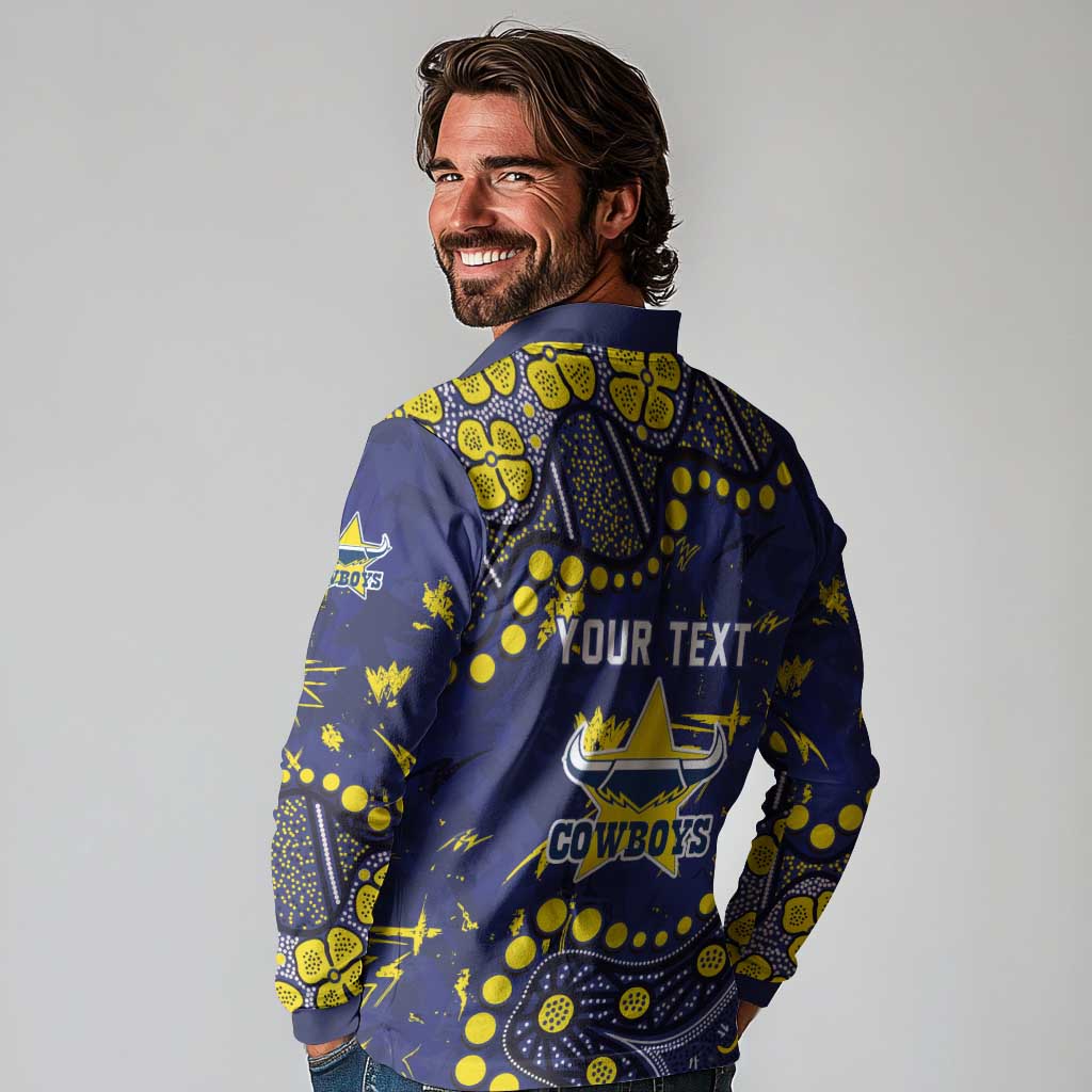 Personalized North Queensland Cowboys Long Sleeve Polo Shirt Aboriginal Pattern with Graffiti Style Design