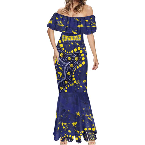 Personalized North Queensland Cowboys Mermaid Dress Aboriginal Pattern with Graffiti Style Design
