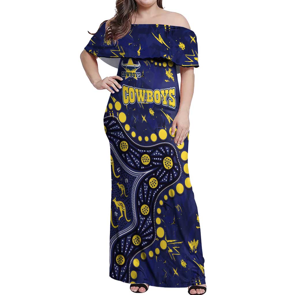 Personalized North Queensland Cowboys Off Shoulder Maxi Dress Aboriginal Pattern with Graffiti Style Design