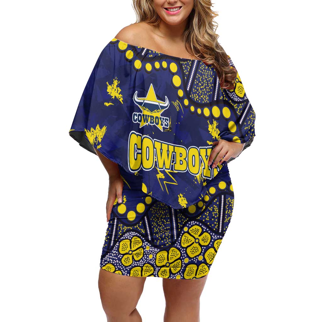 Personalized North Queensland Cowboys Off Shoulder Short Dress Aboriginal Pattern with Graffiti Style Design