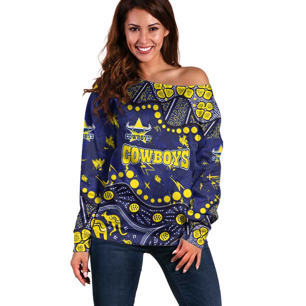 Personalized North Queensland Cowboys Off Shoulder Sweater Aboriginal Pattern with Graffiti Style Design