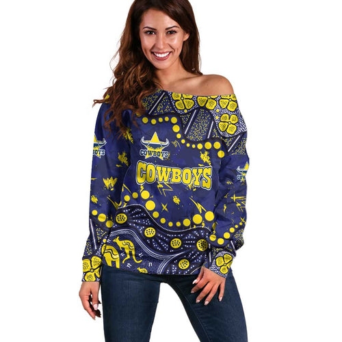 Personalized North Queensland Cowboys Off Shoulder Sweater Aboriginal Pattern with Graffiti Style Design