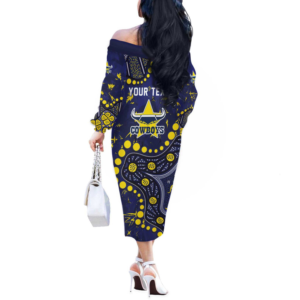 Personalized North Queensland Cowboys Off The Shoulder Long Sleeve Dress Aboriginal Pattern with Graffiti Style Design