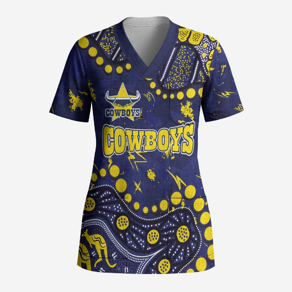 Personalized North Queensland Cowboys Scrub Top Aboriginal Pattern with Graffiti Style Design