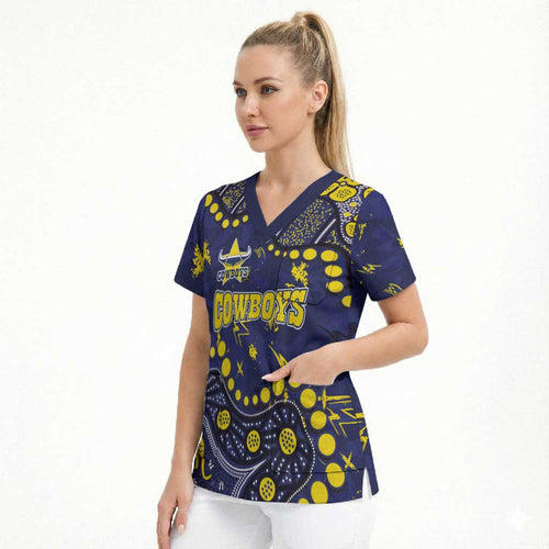Personalized North Queensland Cowboys Scrub Top Aboriginal Pattern with Graffiti Style Design