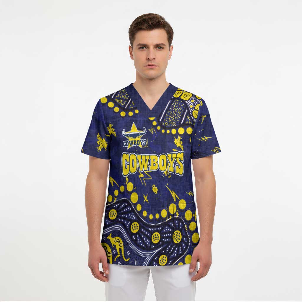 Personalized North Queensland Cowboys Scrub Top Aboriginal Pattern with Graffiti Style Design