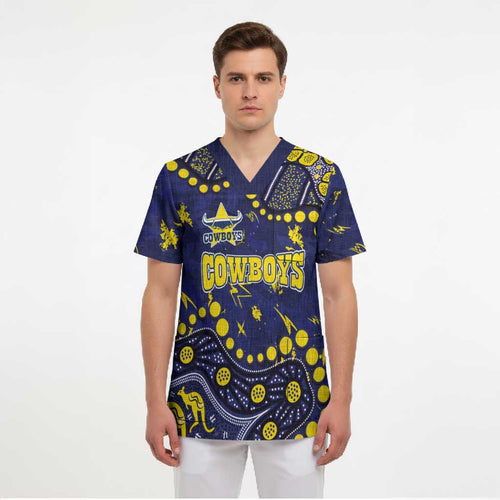 Personalized North Queensland Cowboys Scrub Top Aboriginal Pattern with Graffiti Style Design