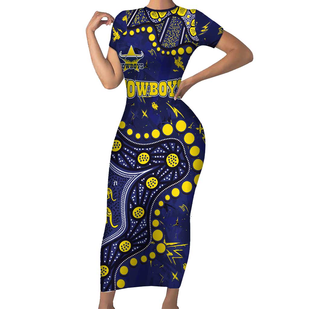 Personalized North Queensland Cowboys Short Sleeve Bodycon Dress Aboriginal Pattern with Graffiti Style Design