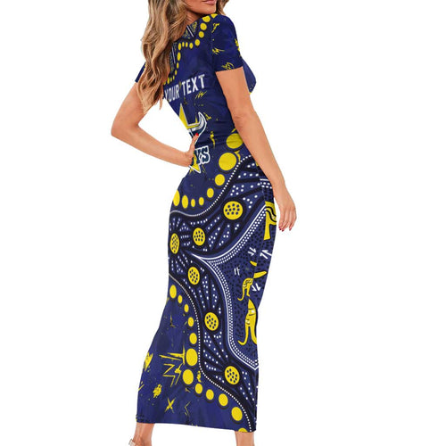 Personalized North Queensland Cowboys Short Sleeve Bodycon Dress Aboriginal Pattern with Graffiti Style Design