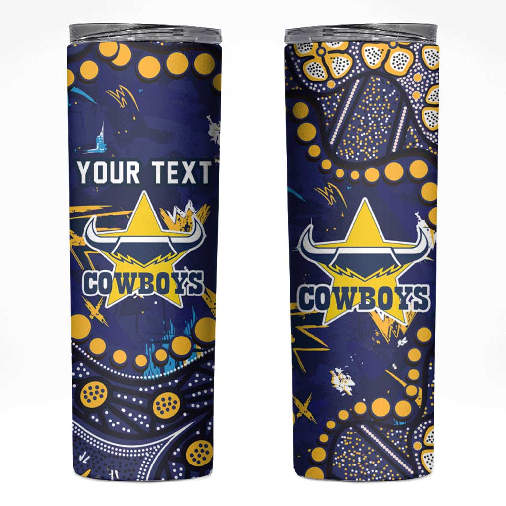 Personalized North Queensland Cowboys Skinny Tumbler Aboriginal Pattern with Graffiti Style Design