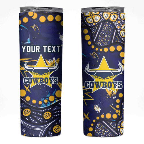 Personalized North Queensland Cowboys Skinny Tumbler Aboriginal Pattern with Graffiti Style Design