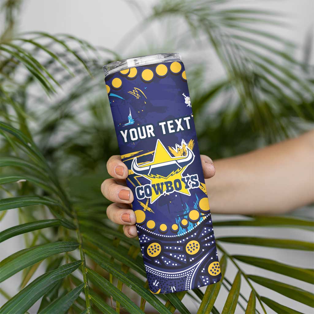 Personalized North Queensland Cowboys Skinny Tumbler Aboriginal Pattern with Graffiti Style Design