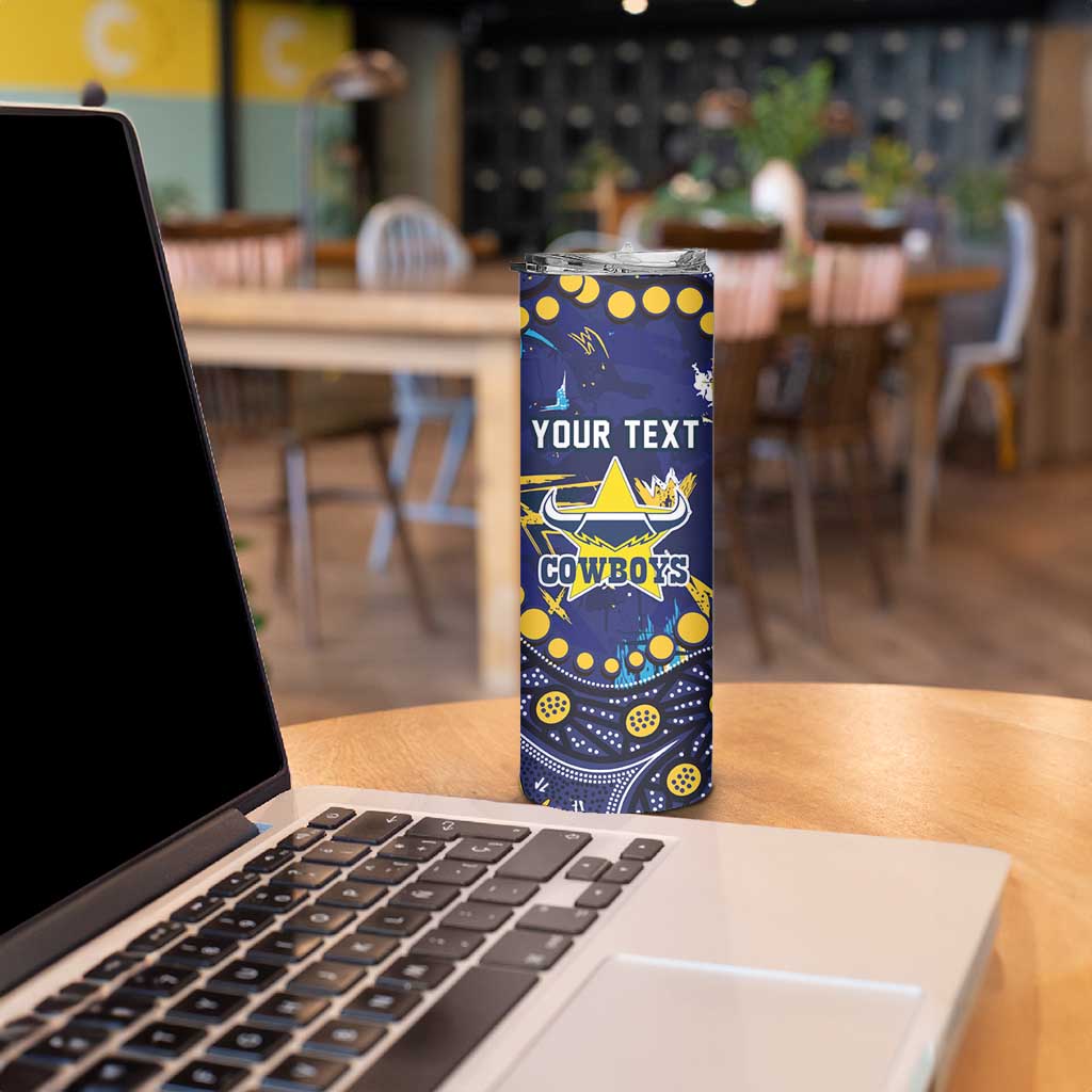 Personalized North Queensland Cowboys Skinny Tumbler Aboriginal Pattern with Graffiti Style Design