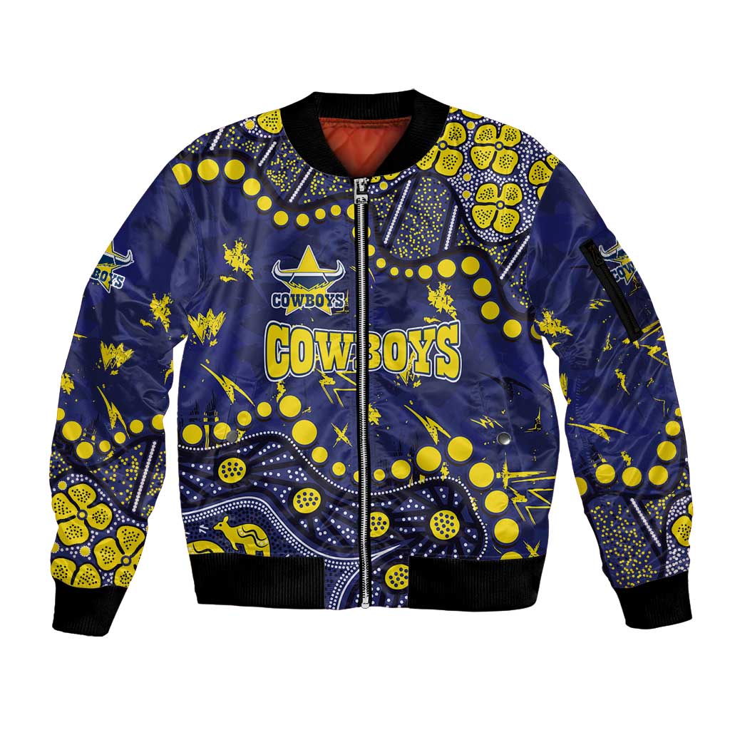 Personalized North Queensland Cowboys Sleeve Zip Bomber Jacket Aboriginal Pattern with Graffiti Style Design