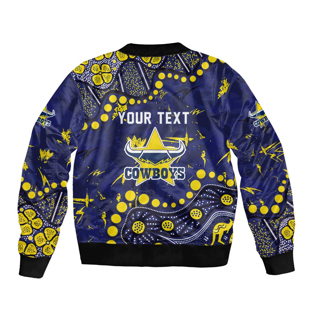 Personalized North Queensland Cowboys Sleeve Zip Bomber Jacket Aboriginal Pattern with Graffiti Style Design