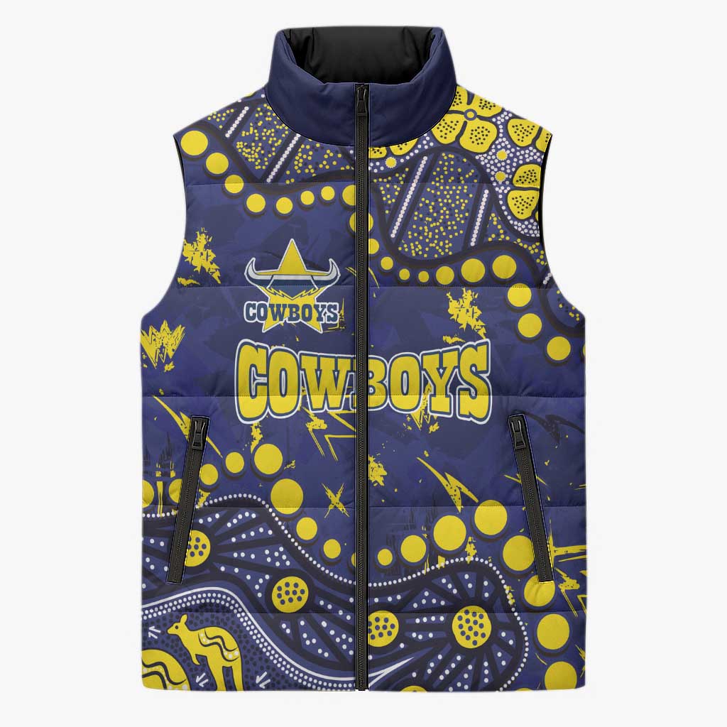 Personalized North Queensland Cowboys Sleeveless Puffer Jacket Aboriginal Pattern with Graffiti Style Design